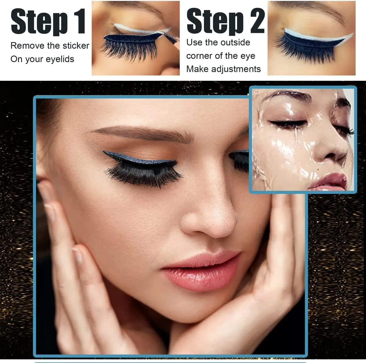 Eyeliner Sticker, 12 Pairs Eyeliner Sticker with Eyelashes False Eyelashes Waterproof Reusable Eyeliner Eyelash Stickers (Blue)