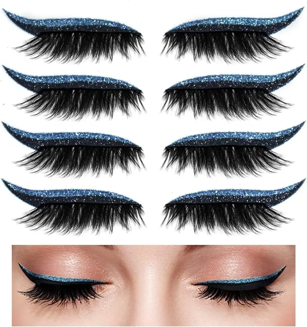 Eyeliner Sticker, 4 Pairs Eyeliner Sticker with Eyelashes False Eyelashes Waterproof Reusable Eyeliner Eyelash Stickers (Blue)