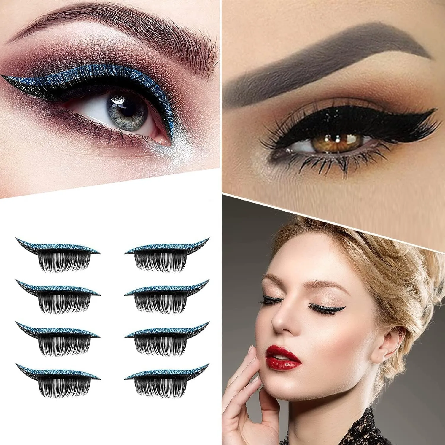 Eyeliner Sticker, 4 Pairs Eyeliner Sticker with Eyelashes False Eyelashes Waterproof Reusable Eyeliner Eyelash Stickers (Blue)