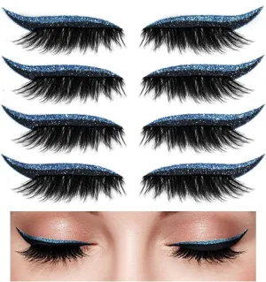Eyeliner Sticker, 4 Pairs Eyeliner Sticker with Eyelashes False Eyelashes Waterproof Reusable Eyeliner Eyelash Stickers (Blue)
