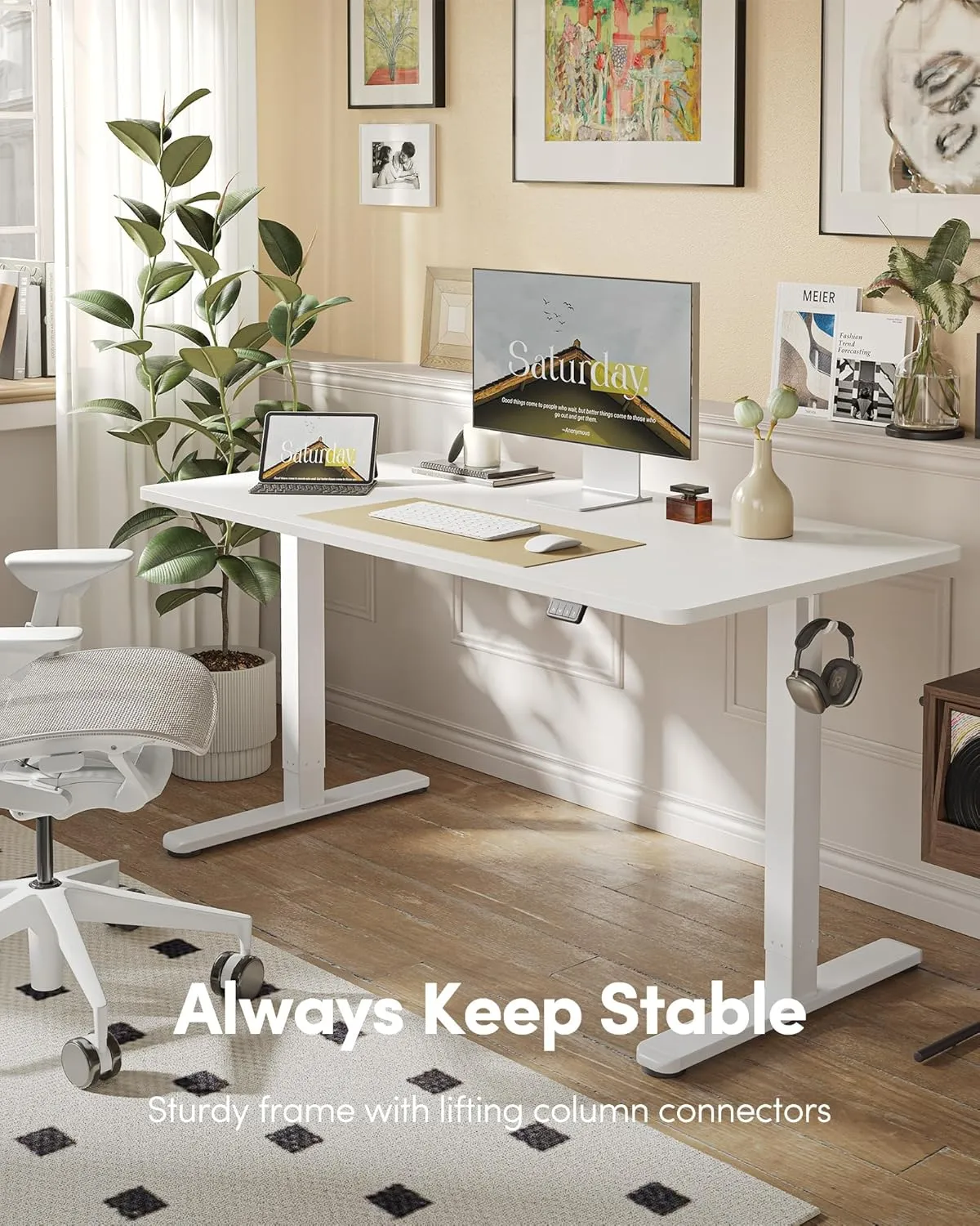 FEZIBO Electric, Height Adjustable Stand up Desk, 48 x 24 Inches Sit Stand Home Office Desk, Computer Desk, White