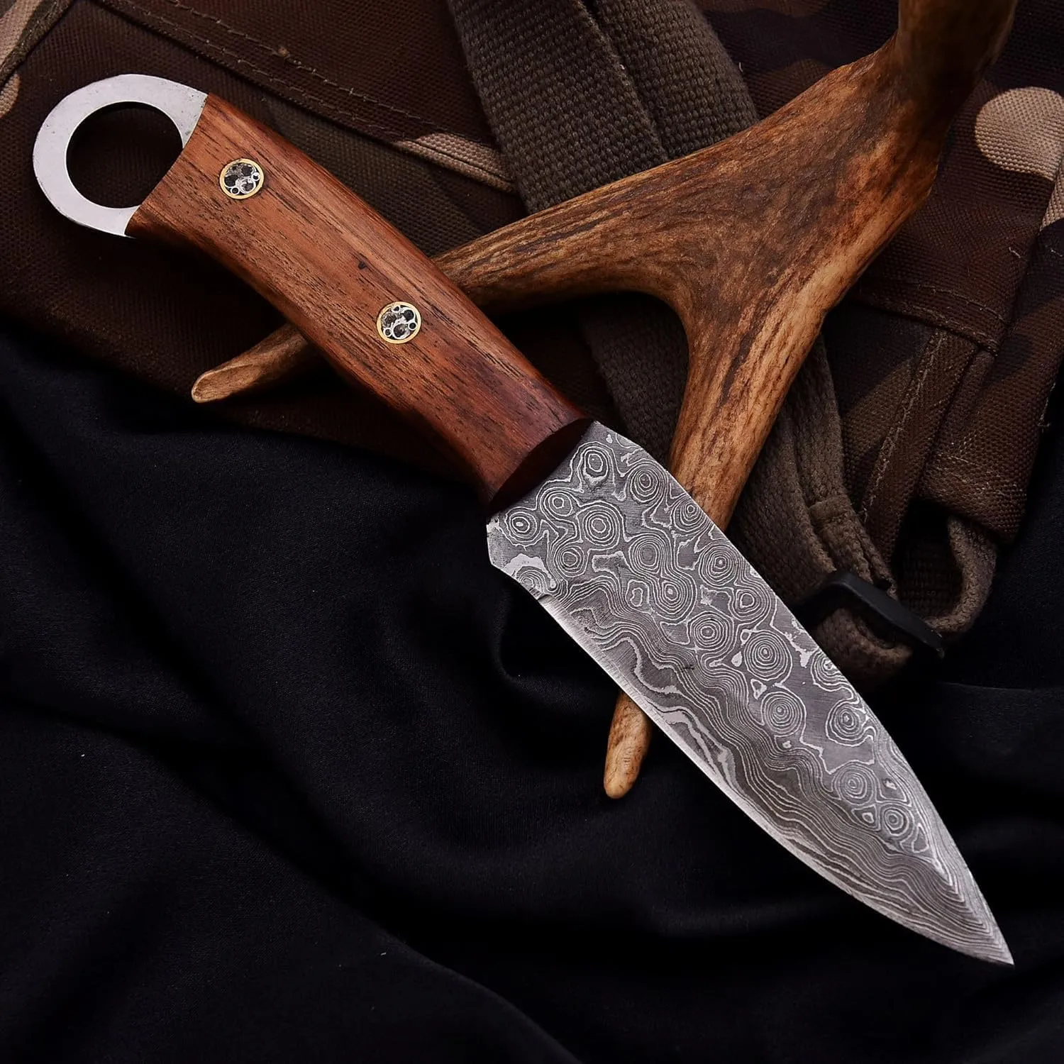 Fixed Blade Hunting Knifes - Damascus Steel Knife's Wood Handle, Damascus Knive Camping Knife Damascus Blade Scout Carry Knife's Skinning Knife With Cross Pouch Sheath (Damascus Tracker Knifes)