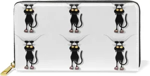 Funny Black Cat Cartoon Scratching Curtains on White Leather Long Wallet Organizer with Zipper Purse Clutch Bag for Women Men