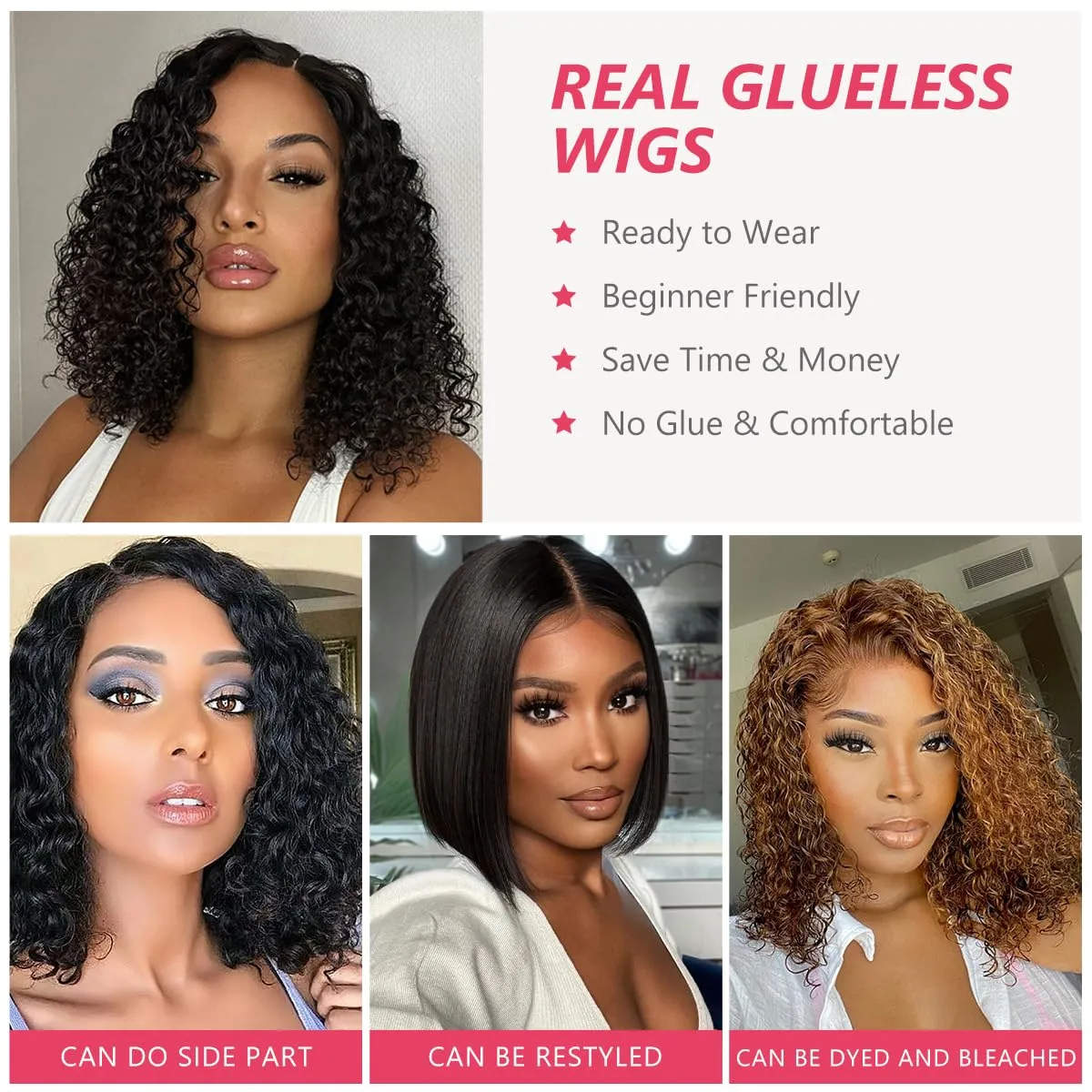 Glueless Wigs Human Hair Pre Plucked Pre Cut Wear and Go Glueless Curly Bob Wigs for Black Women 5x5 HD Lace Closure Wigs Wet and Wavy Wigs Human Hair 200% Density