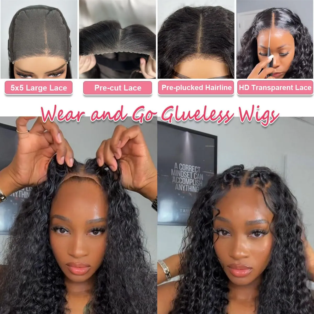 Glueless Wigs Human Hair Pre Plucked Pre Cut Wear and Go Glueless Curly Bob Wigs for Black Women 5x5 HD Lace Closure Wigs Wet and Wavy Wigs Human Hair 200% Density