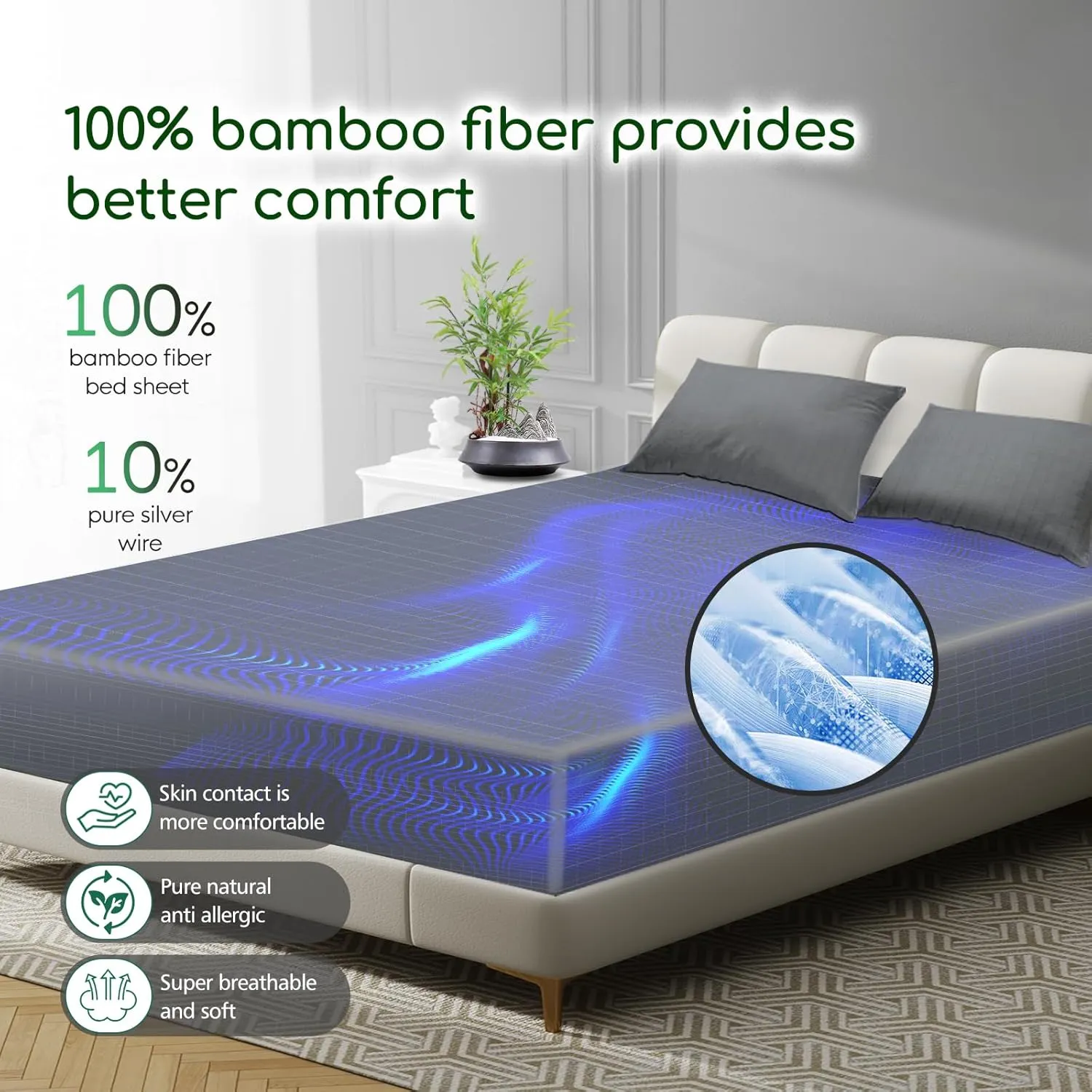 Grounding Sheet, Genuine 100% Organic Viscose Derived from Bamboo, Fitted Sheets containing 10% Silver Fiber, Improves Sleep, Healthy Sleep Therapy (Gray, King(78.1 * 80.1 * 15inch))