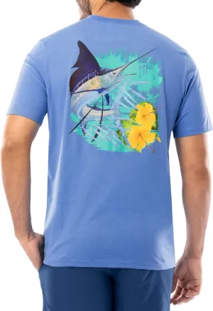Guy Harvey Men’s Billfish Collection Short Sleeve Pocket T-Shirt, Azure Blue/Floral Sailfish, 3X-Large