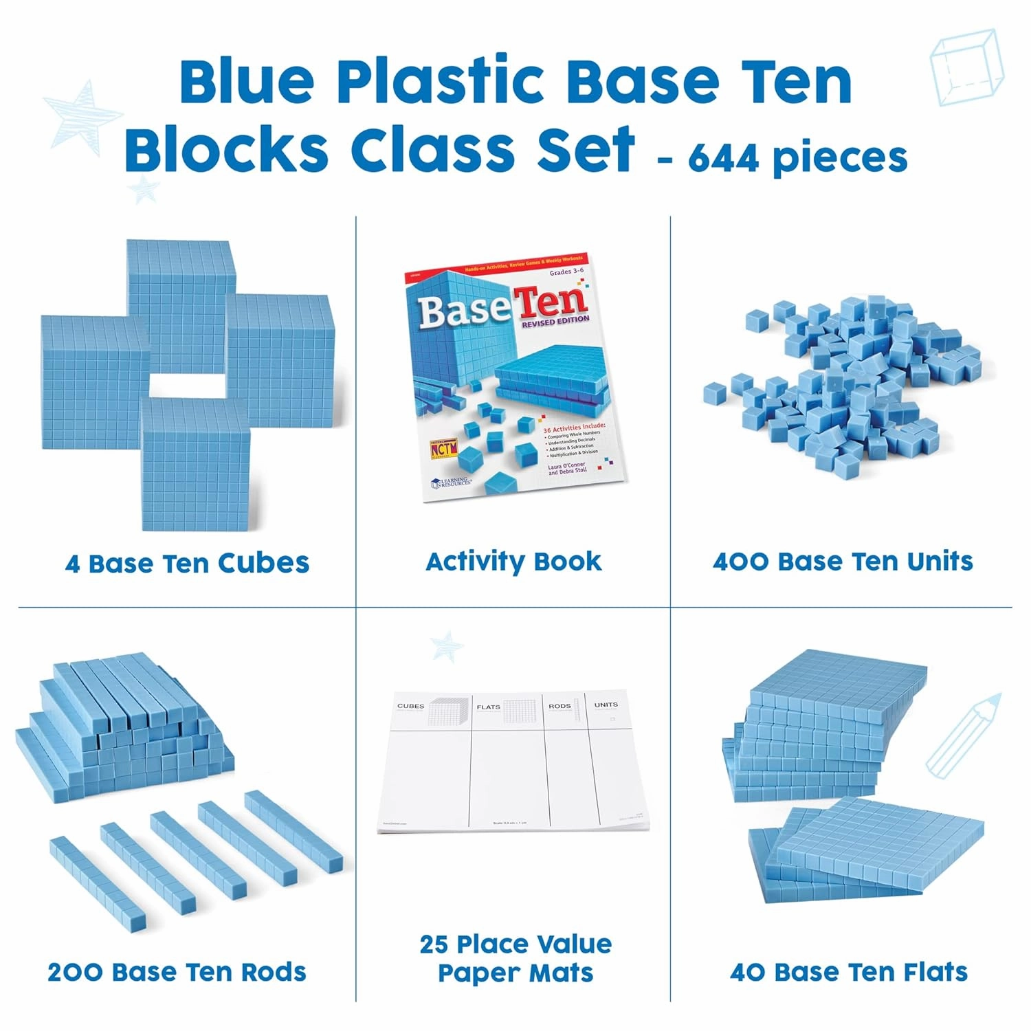 hand2mind Blue Plastic Base Ten Blocks Complete Set, Place Value Blocks, Counting Cubes for Kids Math, Base Ten Blocks Classroom Set, Math Blocks Kindergarten, Base 10 Math Manipulatives (Set of 644)