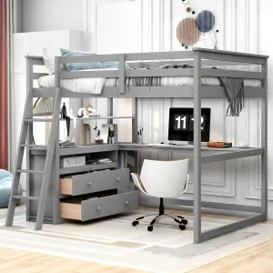 Harper & Bright Designs Full Size Loft Bed with Desk and Storage, Solid Wood Loft Bed Frame with Drawers and Shelves, for Kids Teens Adults (Gray)