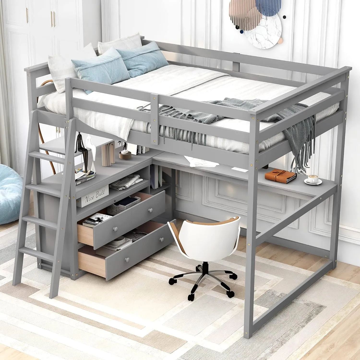Harper & Bright Designs Full Size Loft Bed with Desk and Storage, Solid Wood Loft Bed Frame with Drawers and Shelves, for Kids Teens Adults (Gray)