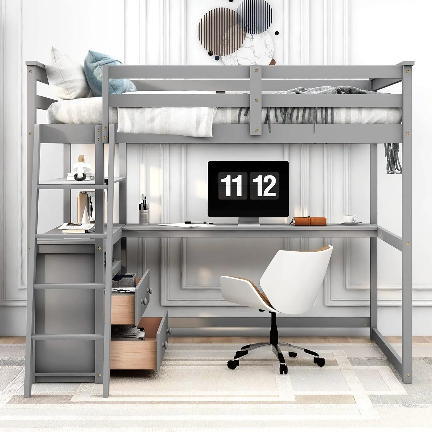 Harper & Bright Designs Full Size Loft Bed with Desk and Storage, Solid Wood Loft Bed Frame with Drawers and Shelves, for Kids Teens Adults (Gray)