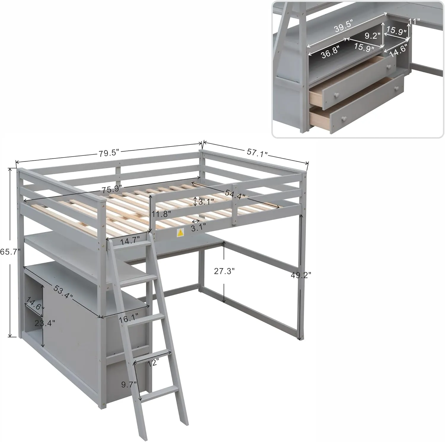 Harper & Bright Designs Full Size Loft Bed with Desk and Storage, Solid Wood Loft Bed Frame with Drawers and Shelves, for Kids Teens Adults (Gray)