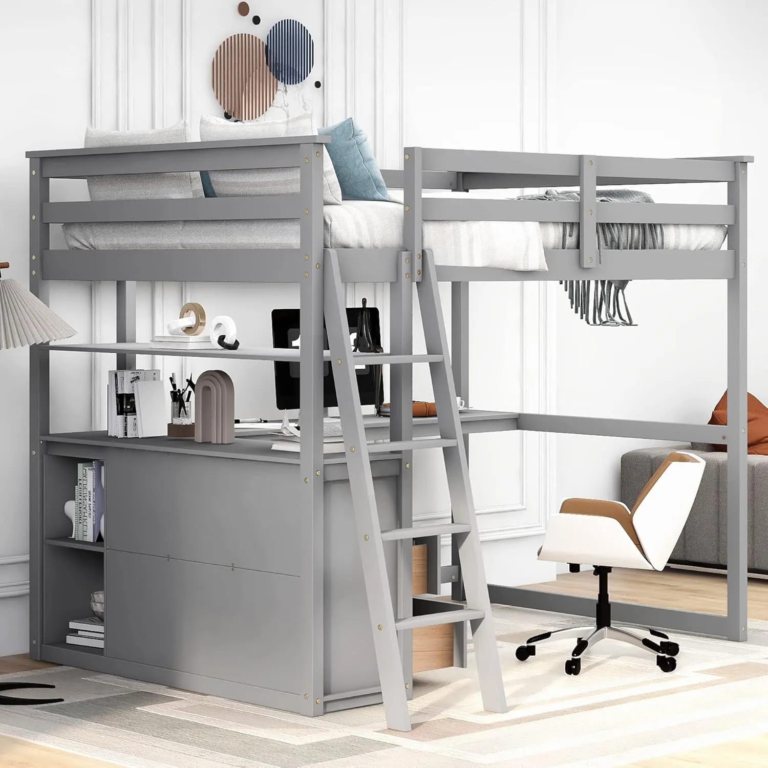 Harper & Bright Designs Full Size Loft Bed with Desk and Storage, Solid Wood Loft Bed Frame with Drawers and Shelves, for Kids Teens Adults (Gray)