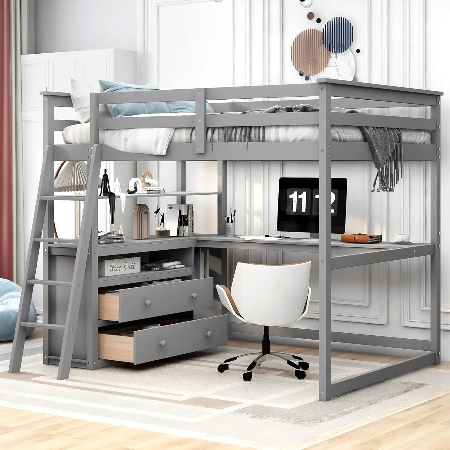 Harper & Bright Designs Full Size Loft Bed with Desk and Storage, Solid Wood Loft Bed Frame with Drawers and Shelves, for Kids Teens Adults (Gray)