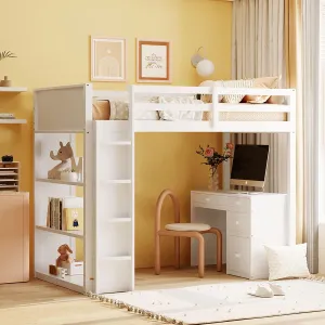 Harper & Bright Designs Twin Size Loft Bed with Desk and Bookshelf, Solid Wood Loft Bed Frame with Storage Drawers, 14.6" Height Full Length guardrail, for Kids Teens Adults - White