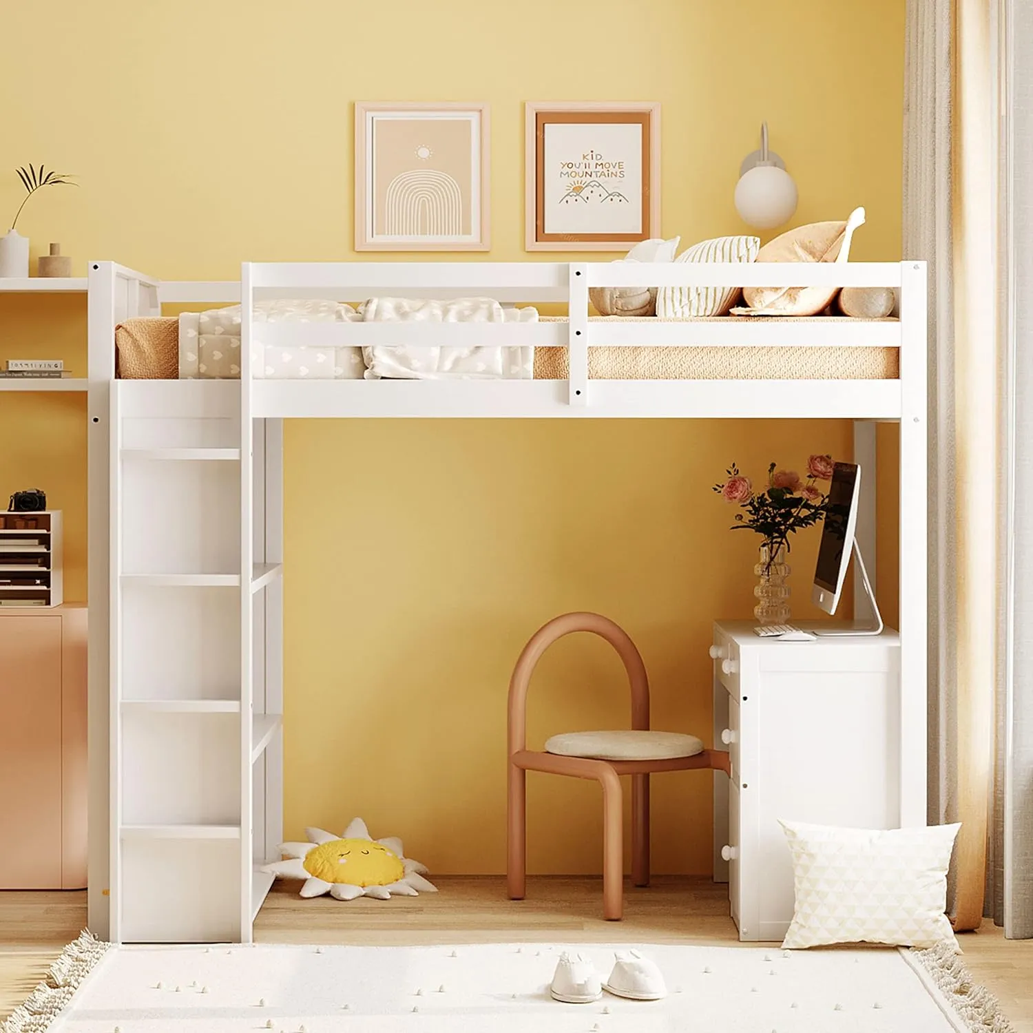 Harper & Bright Designs Twin Size Loft Bed with Desk and Bookshelf, Solid Wood Loft Bed Frame with Storage Drawers, 14.6" Height Full Length guardrail, for Kids Teens Adults - White