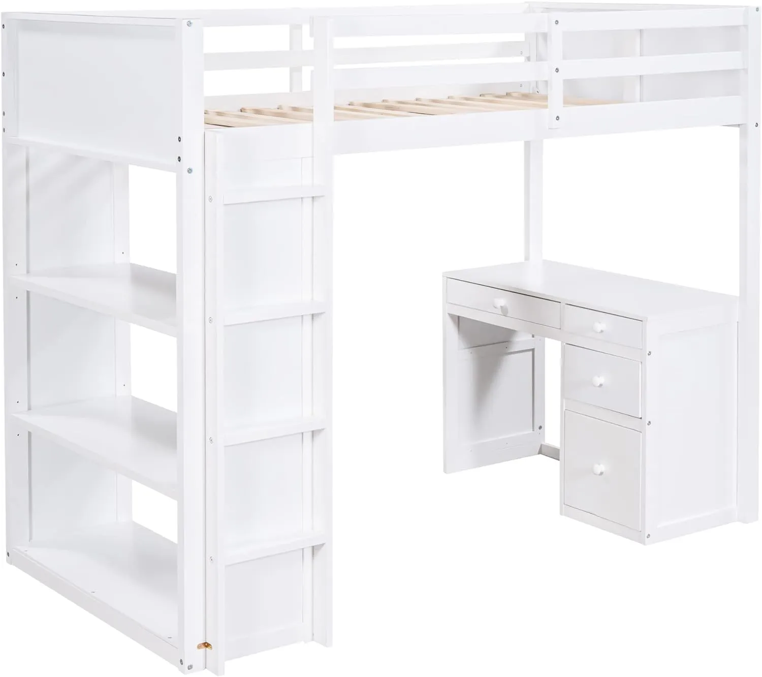 Harper & Bright Designs Twin Size Loft Bed with Desk and Bookshelf, Solid Wood Loft Bed Frame with Storage Drawers, 14.6" Height Full Length guardrail, for Kids Teens Adults - White