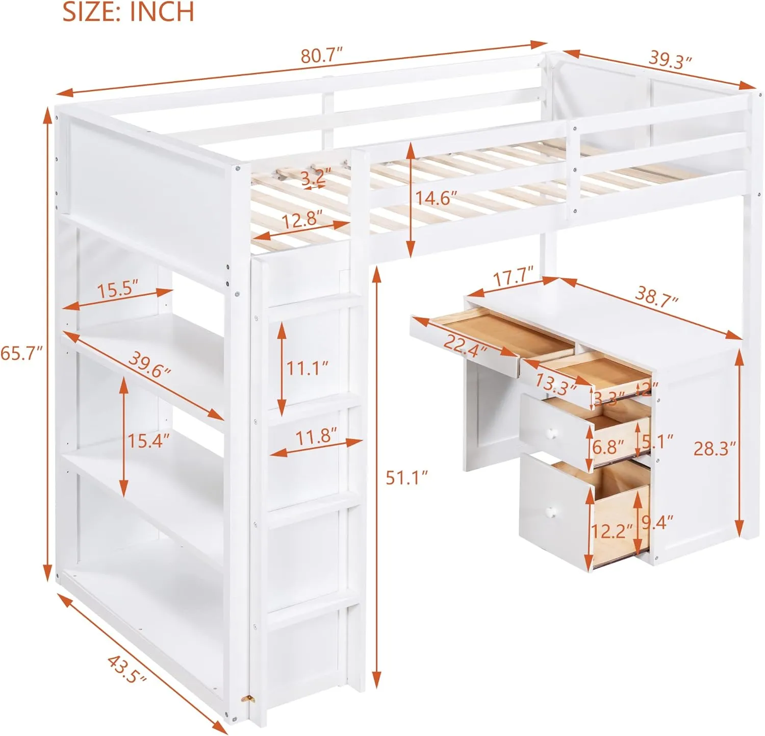 Harper & Bright Designs Twin Size Loft Bed with Desk and Bookshelf, Solid Wood Loft Bed Frame with Storage Drawers, 14.6" Height Full Length guardrail, for Kids Teens Adults - White