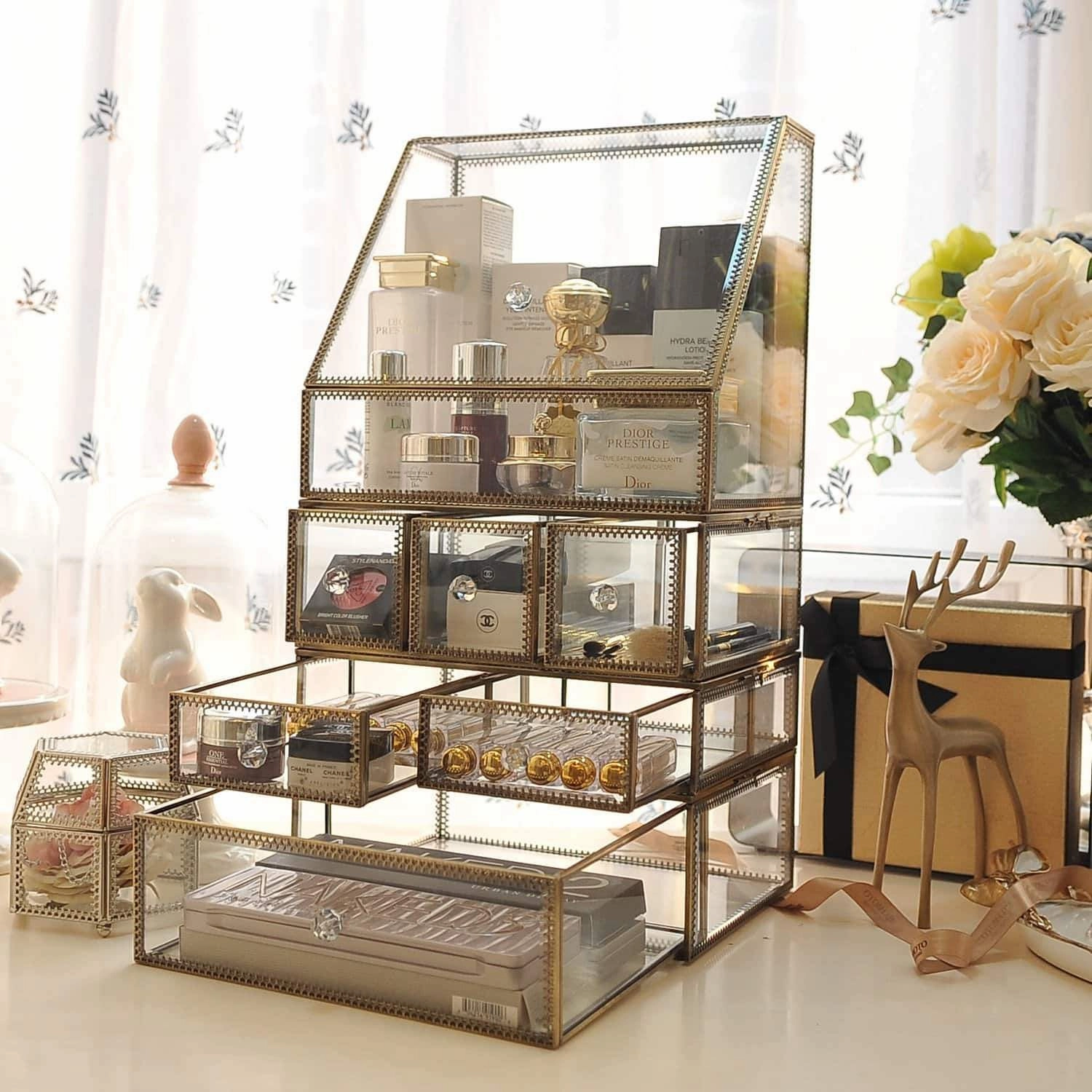 Hersoo Large Cosmetics Makeup Organizer Transparent Bathroom Accessories Storage Glass Display with Slanted Front Open Lid-Cosmetic Stackable Holder for Makeup, Brushes, Perfumes, Skincare