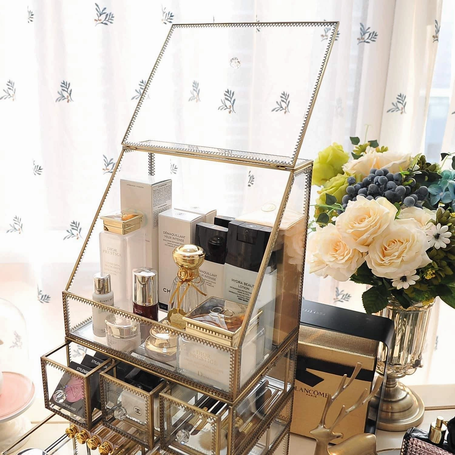 Hersoo Large Cosmetics Makeup Organizer Transparent Bathroom Accessories Storage Glass Display with Slanted Front Open Lid-Cosmetic Stackable Holder for Makeup, Brushes, Perfumes, Skincare