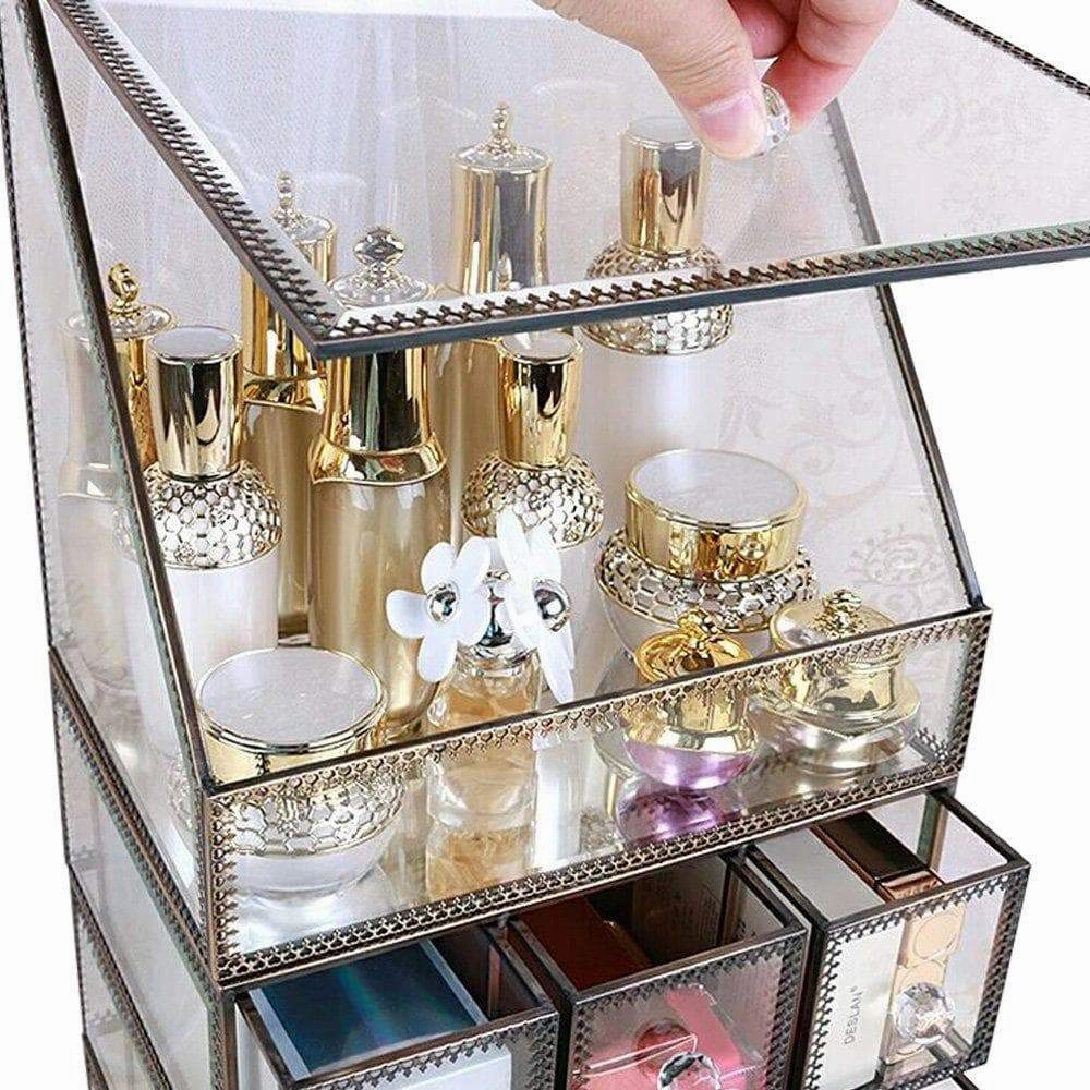 Hersoo Large Cosmetics Makeup Organizer Transparent Bathroom Accessories Storage Glass Display with Slanted Front Open Lid-Cosmetic Stackable Holder for Makeup, Brushes, Perfumes, Skincare