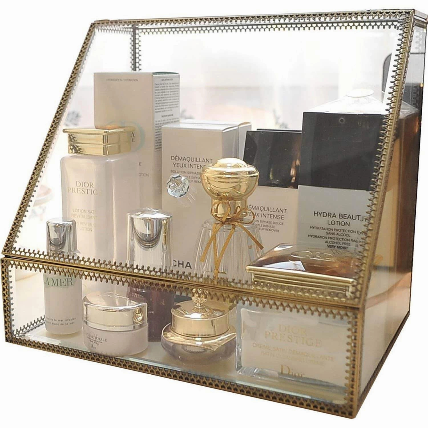 Hersoo Large Cosmetics Makeup Organizer Transparent Bathroom Accessories Storage Glass Display with Slanted Front Open Lid-Cosmetic Stackable Holder for Makeup, Brushes, Perfumes, Skincare