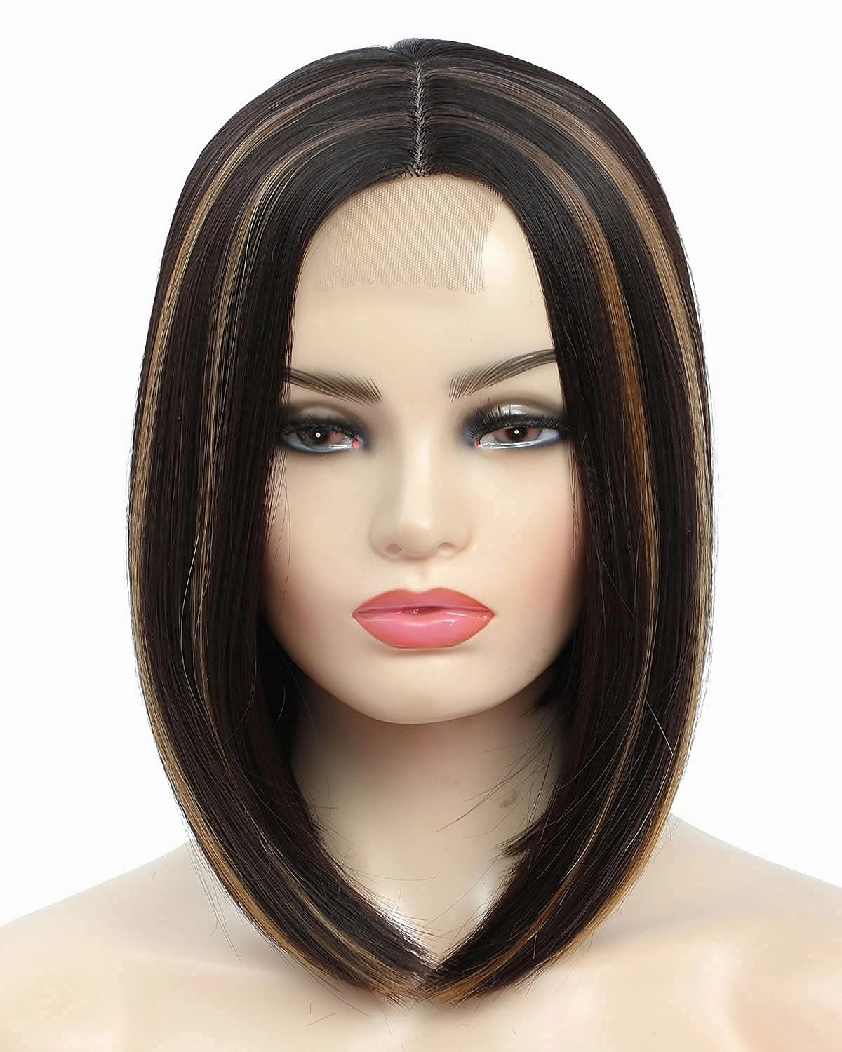 HighLight Brown Short Bob Wigs Straight Synthetic Hair Heat Resistant Fiber Natural Looking Daily Cosplay Party Wigs for Women Ombre Brown Color Black Mixed Brown 12 Inch