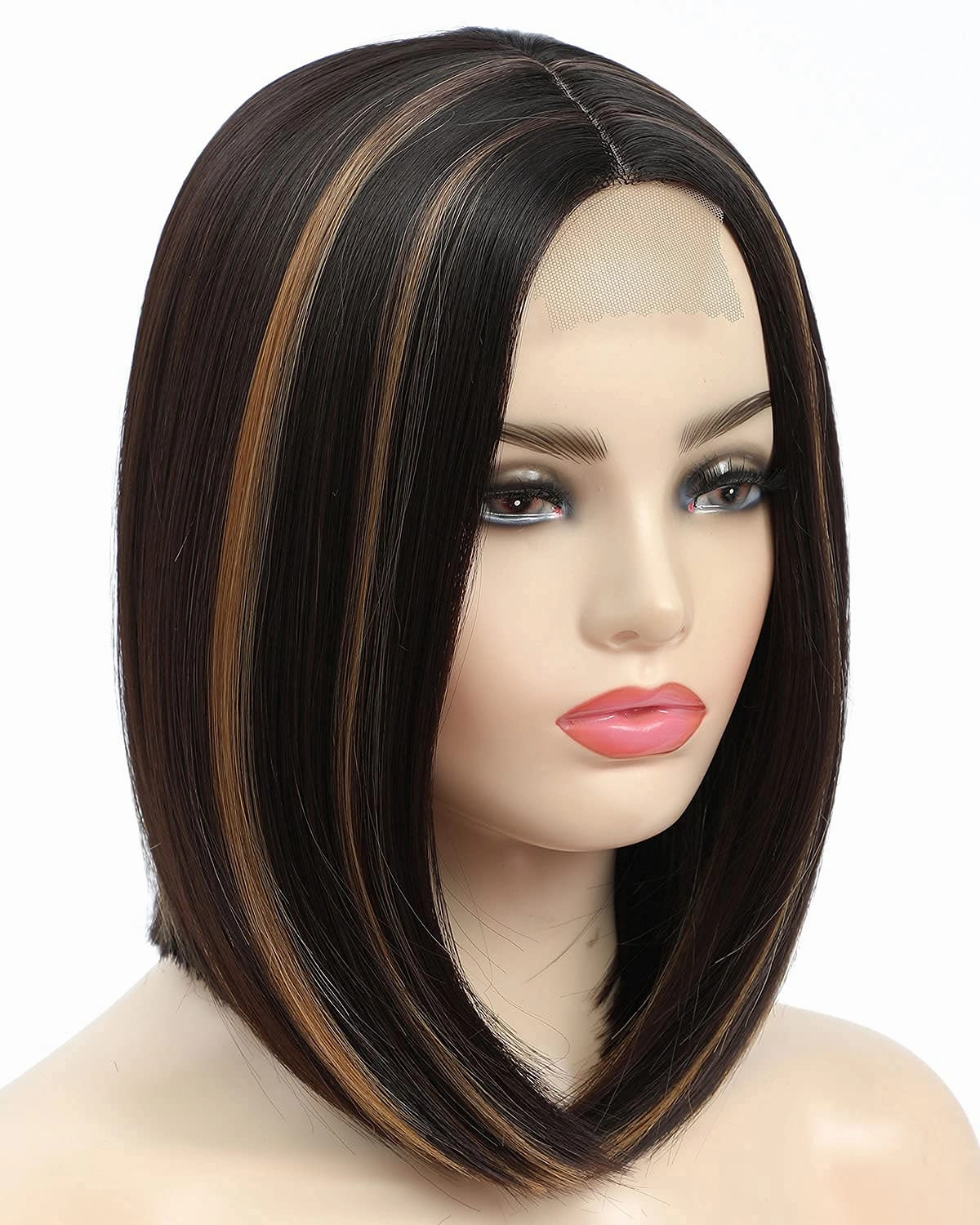 HighLight Brown Short Bob Wigs Straight Synthetic Hair Heat Resistant Fiber Natural Looking Daily Cosplay Party Wigs for Women Ombre Brown Color Black Mixed Brown 12 Inch