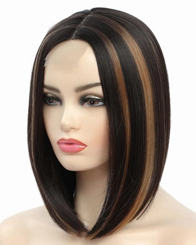 HighLight Brown Short Bob Wigs Straight Synthetic Hair Heat Resistant Fiber Natural Looking Daily Cosplay Party Wigs for Women Ombre Brown Color Black Mixed Brown 12 Inch