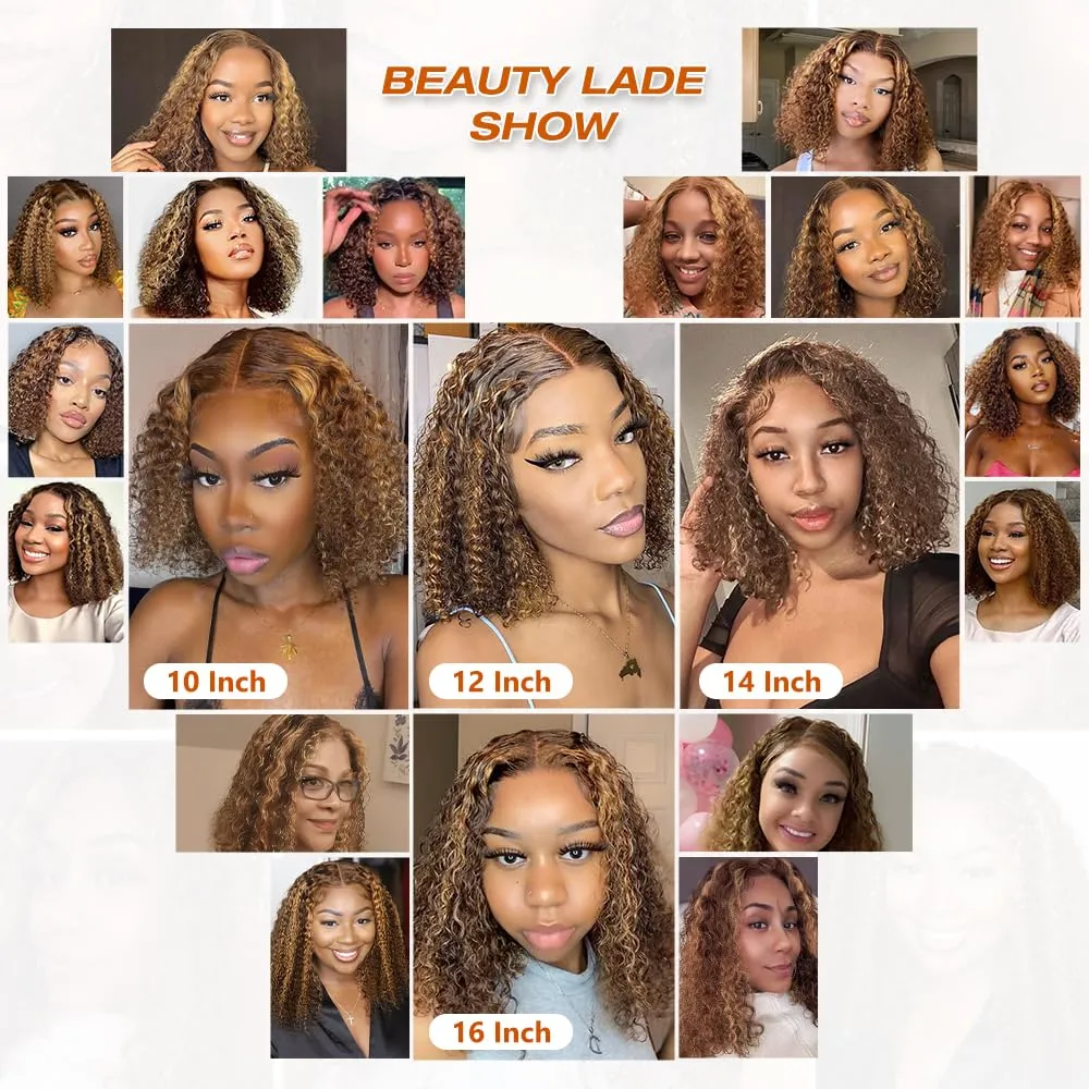 Honey Blonde Glueless Bob Wigs Human Hair Pre Plucked Pre Cut P4/27 5x5 HD Lace Closure Curly Wigs for Black Women Ombre Glueless Wig for Beginners 200 Density