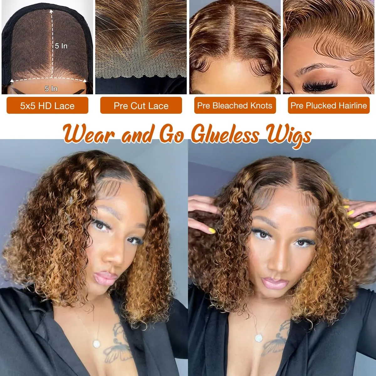 Honey Blonde Glueless Bob Wigs Human Hair Pre Plucked Pre Cut P4/27 5x5 HD Lace Closure Curly Wigs for Black Women Ombre Glueless Wig for Beginners 200 Density