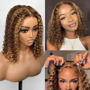 Honey Blonde Glueless Bob Wigs Human Hair Pre Plucked Pre Cut P4/27 5x5 HD Lace Closure Curly Wigs for Black Women Ombre Glueless Wig for Beginners 200 Density
