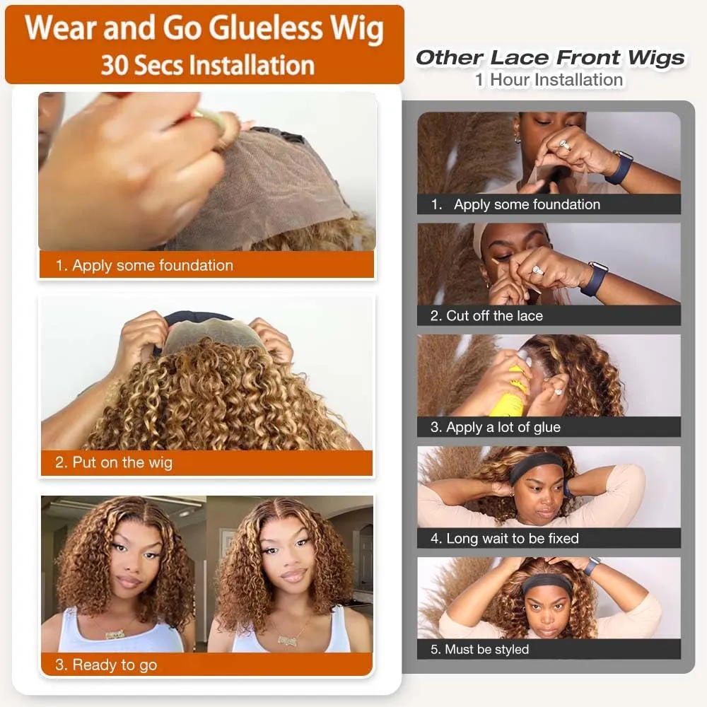 Honey Blonde Glueless Bob Wigs Human Hair Pre Plucked Pre Cut P4/27 5x5 HD Lace Closure Curly Wigs for Black Women Ombre Glueless Wig for Beginners 200 Density