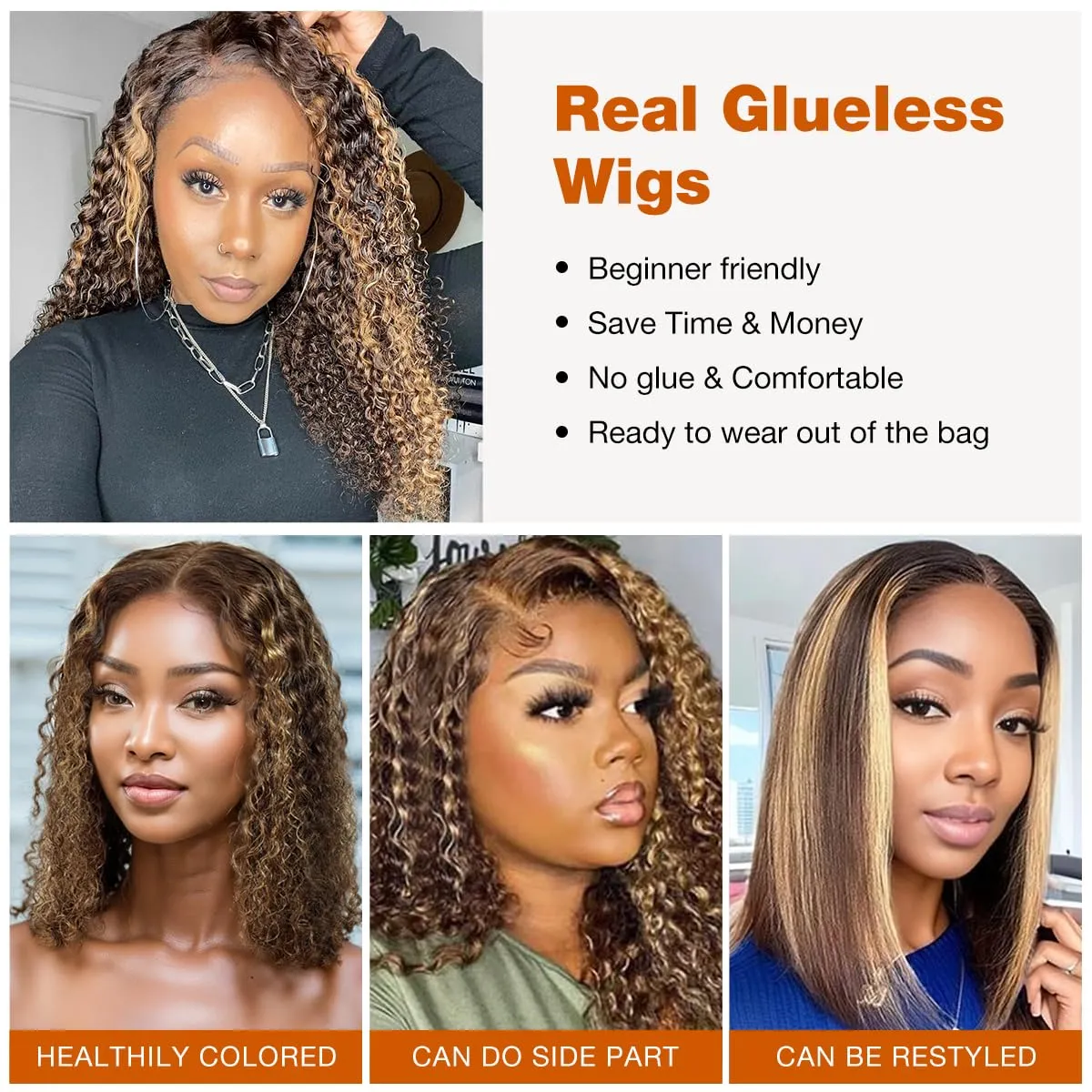 Honey Blonde Glueless Bob Wigs Human Hair Pre Plucked Pre Cut P4/27 5x5 HD Lace Closure Curly Wigs for Black Women Ombre Glueless Wig for Beginners 200 Density
