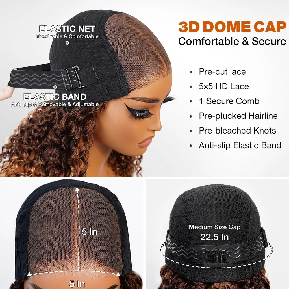 Honey Blonde Glueless Bob Wigs Human Hair Pre Plucked Pre Cut P4/27 5x5 HD Lace Closure Curly Wigs for Black Women Ombre Glueless Wig for Beginners 200 Density