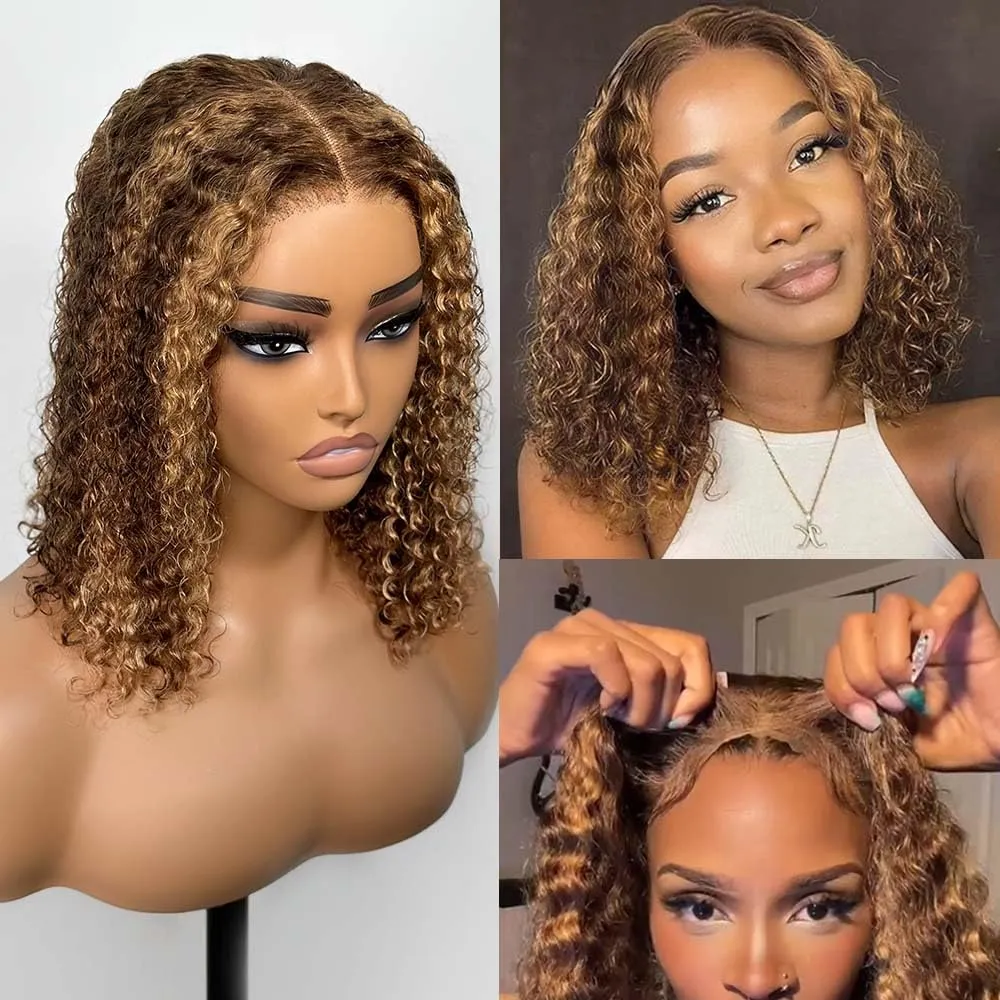 Honey Blonde Glueless Bob Wigs Human Hair Pre Plucked Pre Cut P4/27 5x5 HD Lace Closure Curly Wigs for Black Women Ombre Glueless Wig for Beginners 200 Density