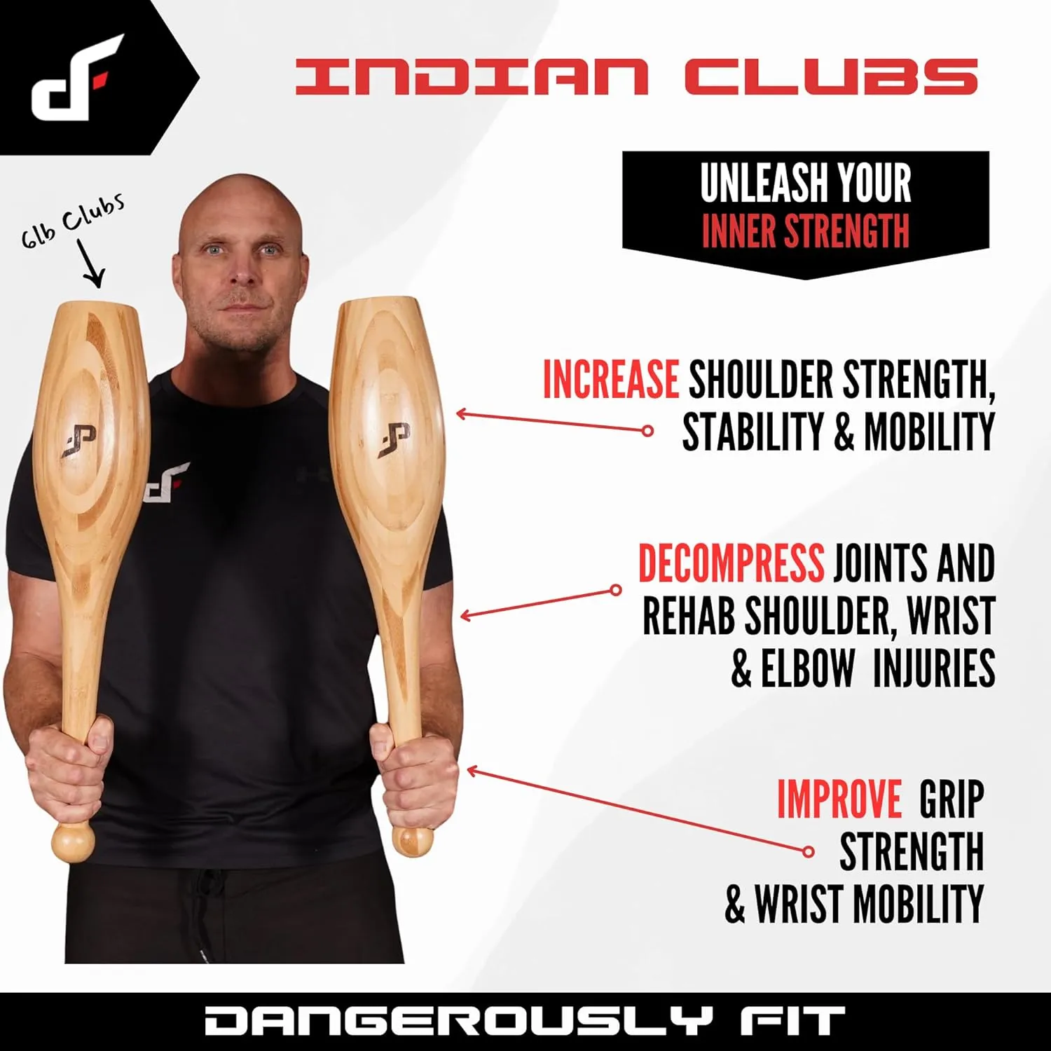 Indian Clubs - Pair of Traditional Wooden Clubs - 1lb, 2lb, 3lb & 6lb - Shoulder & Grip Strength & Mobility Fitness Exercise Training - Home & Gym Workout