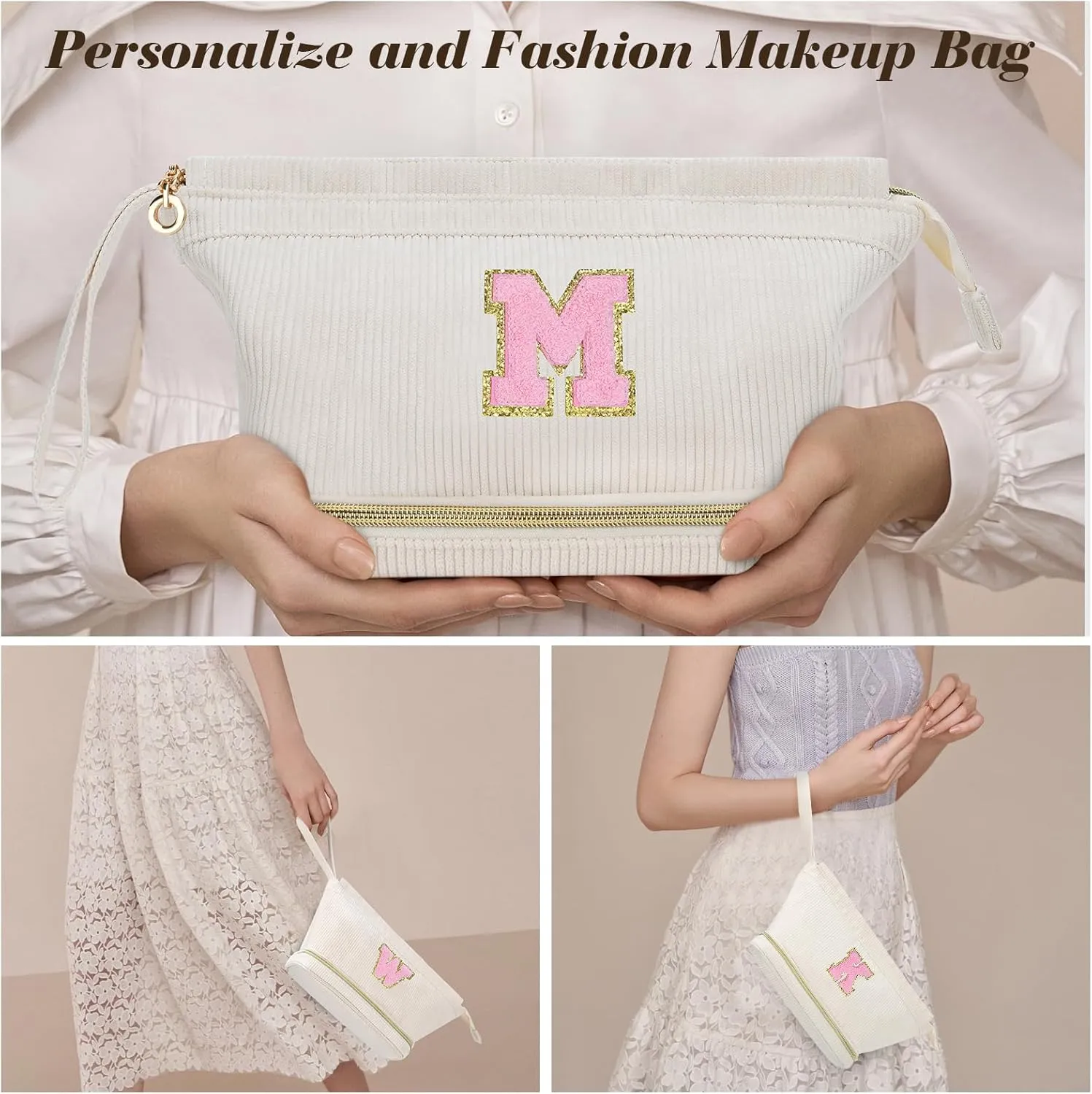 Initial Travel Makeup Bag for Women, Personalized Gift Large Double Layer Make Up Gift Cute Cosmetic Bag for Girl Makeup Pouch Wide-open Roomy Makeup Travel Bags Birthday Gifts for Her Beige - A