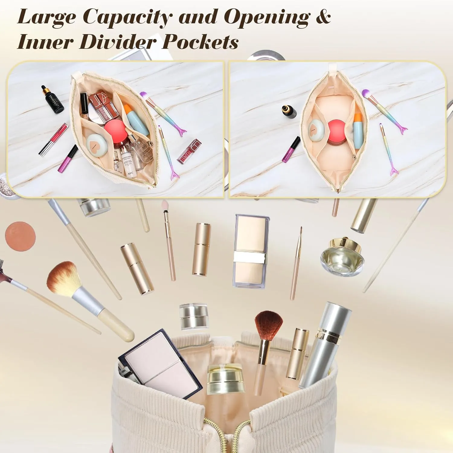 Initial Travel Makeup Bag for Women, Personalized Gift Large Double Layer Make Up Gift Cute Cosmetic Bag for Girl Makeup Pouch Wide-open Roomy Makeup Travel Bags Birthday Gifts for Her Beige - A