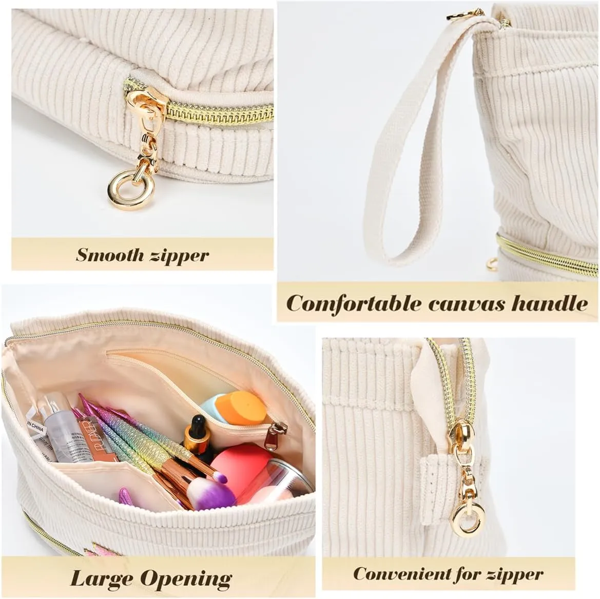 Initial Travel Makeup Bag for Women, Personalized Gift Large Double Layer Make Up Gift Cute Cosmetic Bag for Girl Makeup Pouch Wide-open Roomy Makeup Travel Bags Birthday Gifts for Her Beige - M