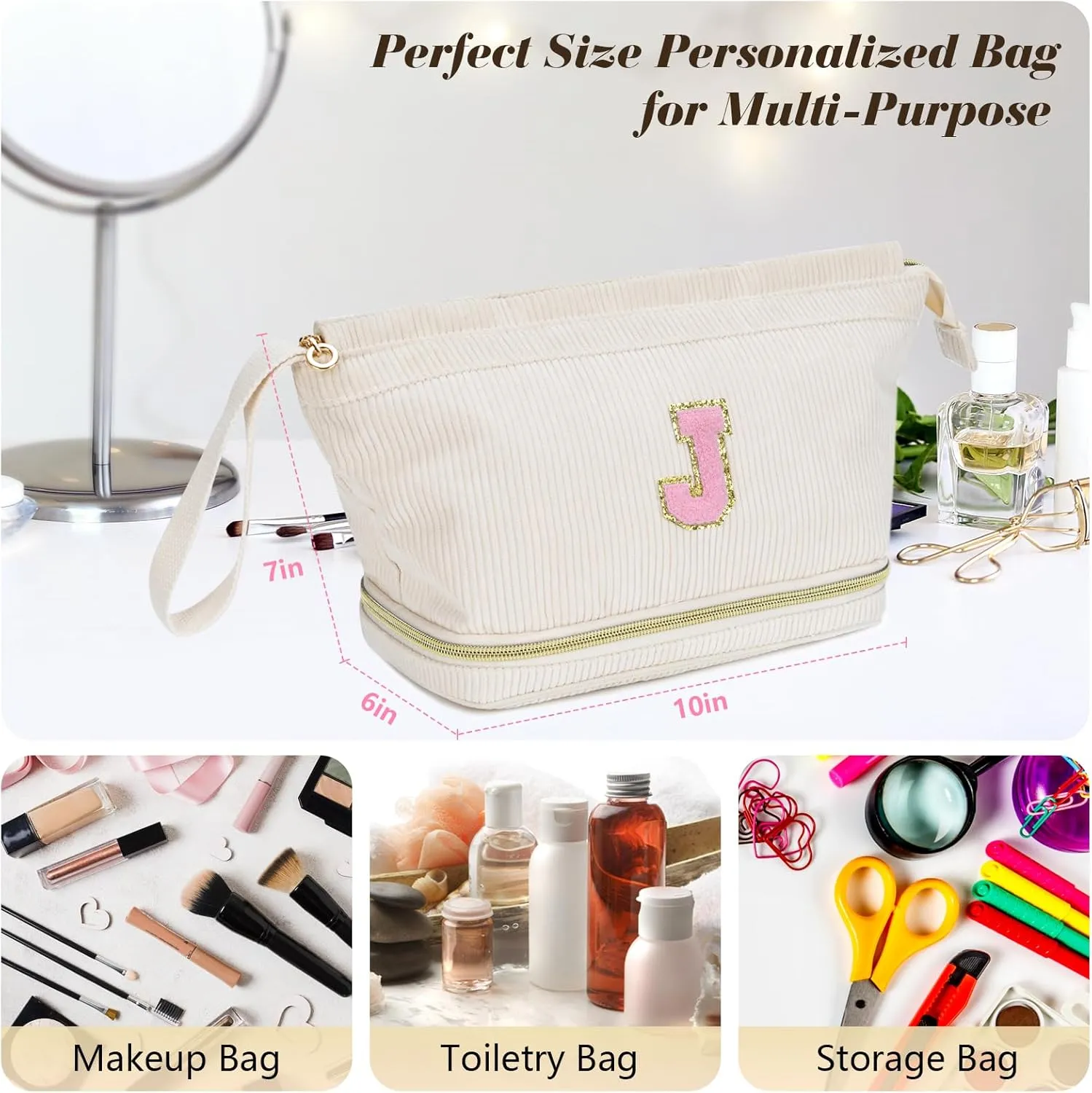 Initial Travel Makeup Bag for Women, Personalized Gift Large Double Layer Make Up Gift Cute Cosmetic Bag for Girl Makeup Pouch Wide-open Roomy Makeup Travel Bags Birthday Gifts for Her Beige - M