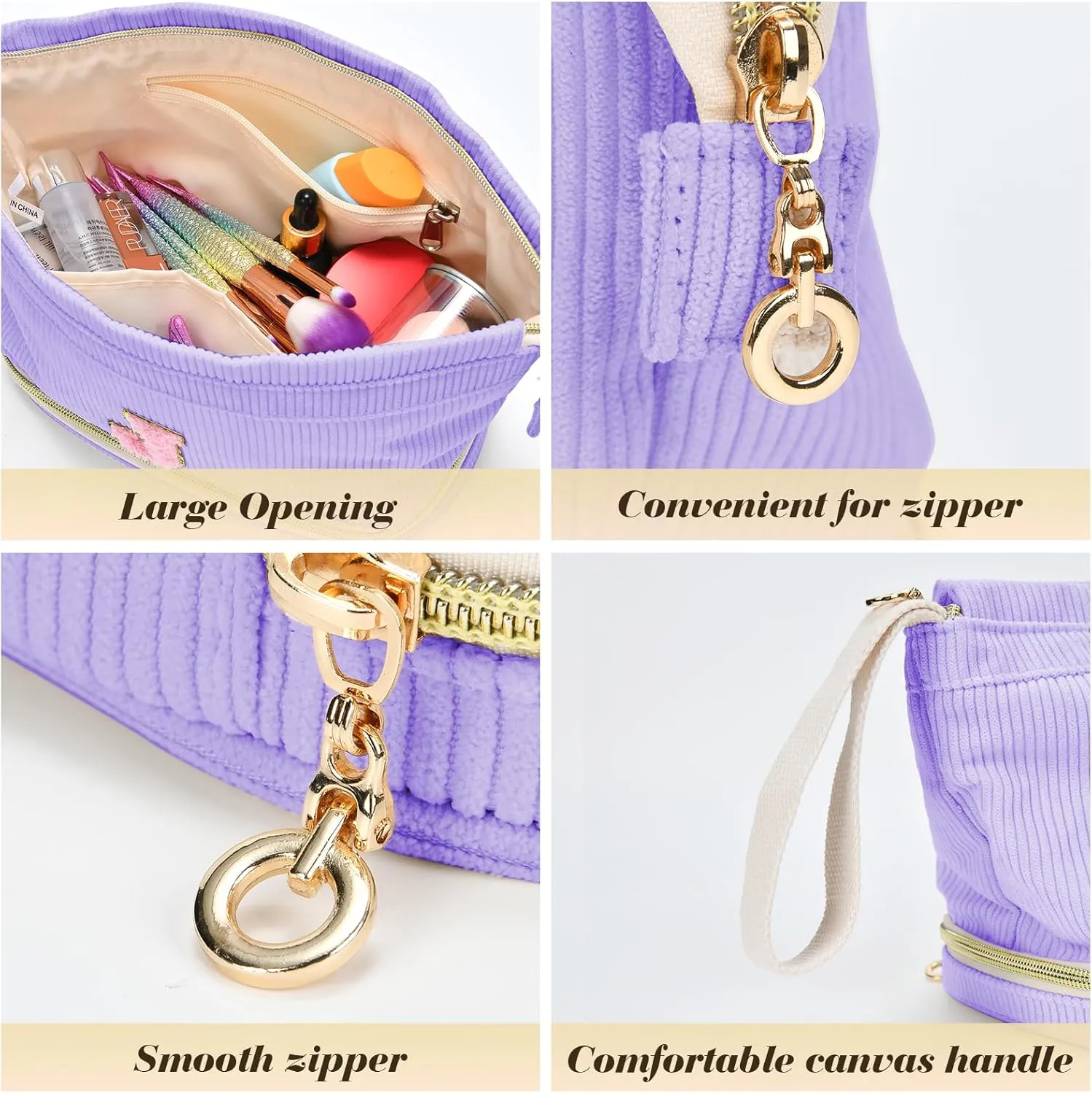 Initial Travel Makeup Bag for Women, Personalized Gift Large Double Layer Make Up Gift Cute Cosmetic Bag for Girl Makeup Pouch Wide-open Roomy Makeup Travel Bags Birthday Gifts for Her Purple - A