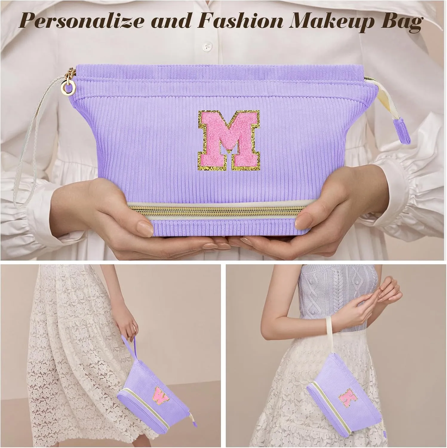 Initial Travel Makeup Bag for Women, Personalized Gift Large Double Layer Make Up Gift Cute Cosmetic Bag for Girl Makeup Pouch Wide-open Roomy Makeup Travel Bags Birthday Gifts for Her Purple - A