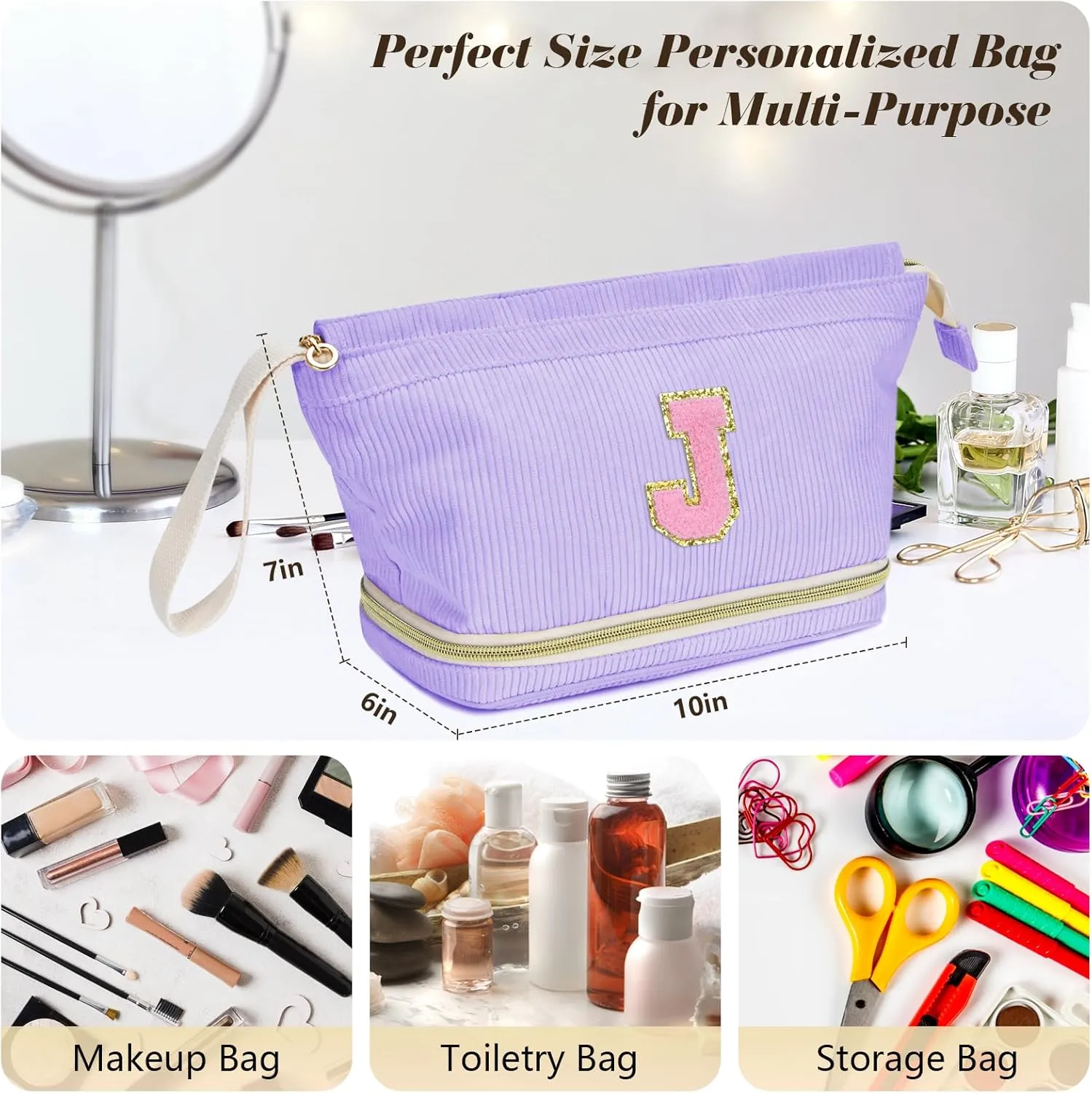 Initial Travel Makeup Bag for Women, Personalized Gift Large Double Layer Make Up Gift Cute Cosmetic Bag for Girl Makeup Pouch Wide-open Roomy Makeup Travel Bags Birthday Gifts for Her Purple - A