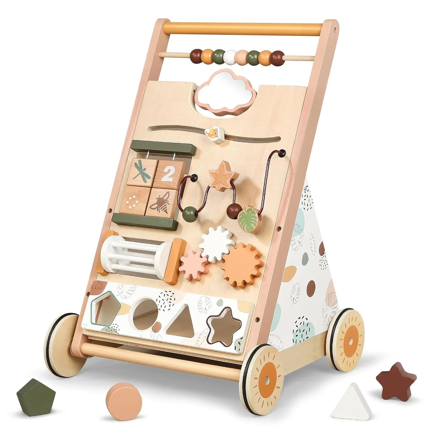 Joyreal Wooden Baby Walker - Adjustable Speed Montessori Push Walker Toy for Boys and Girls Birthday Gifts - Neutral Color Baby Activity Center for Kids Development