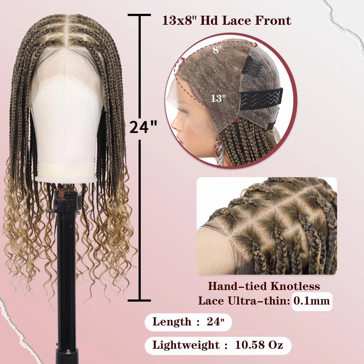 Kalyss 13x8 Hd Lace Front Knotless Braided Wigs for Black Women Box Braid Wig with Curly Ends with Baby Hair Premium Synthetic Braided Lace Front Wigs 24" Light Brown
