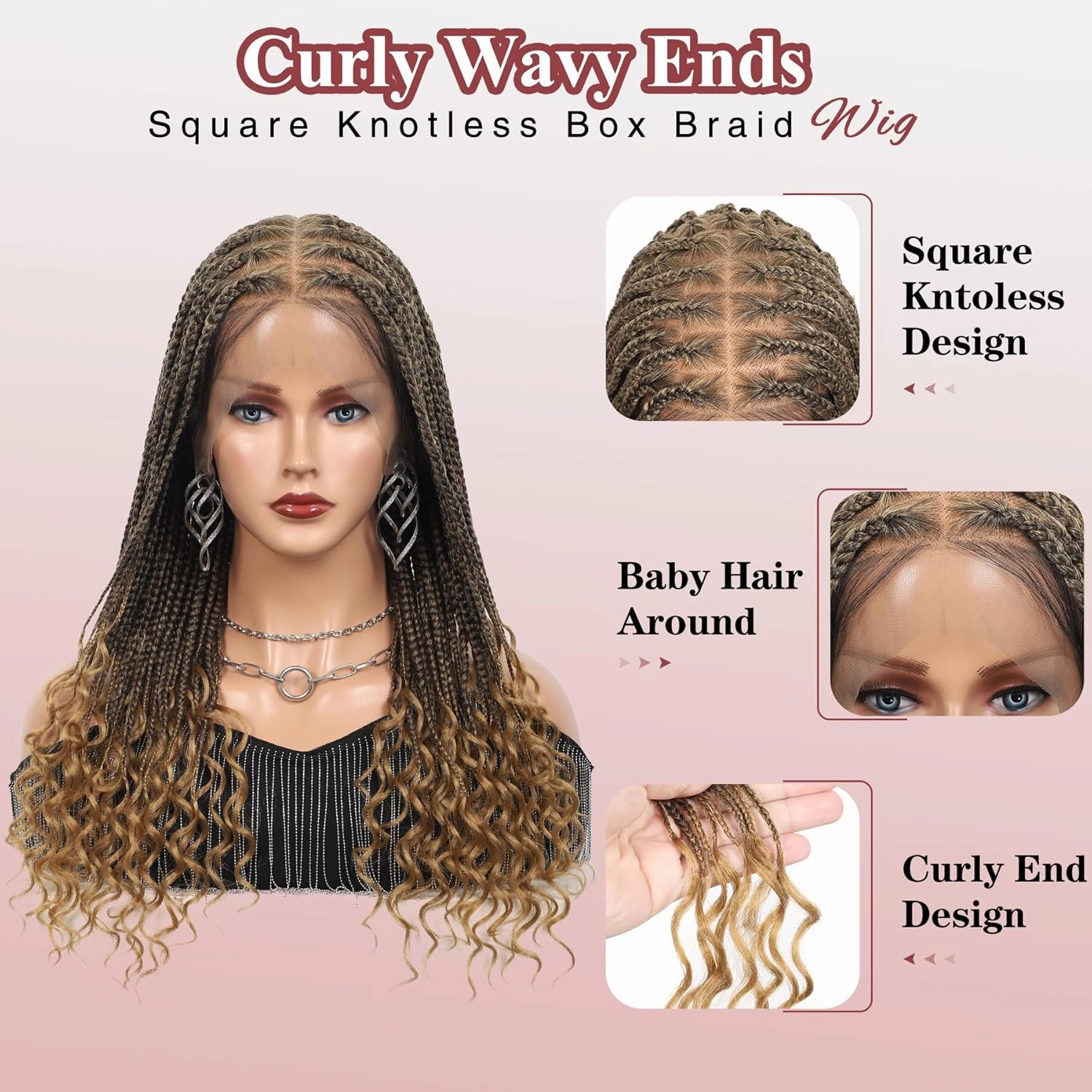 Kalyss 13x8 Hd Lace Front Knotless Braided Wigs for Black Women Box Braid Wig with Curly Ends with Baby Hair Premium Synthetic Braided Lace Front Wigs 24" Light Brown