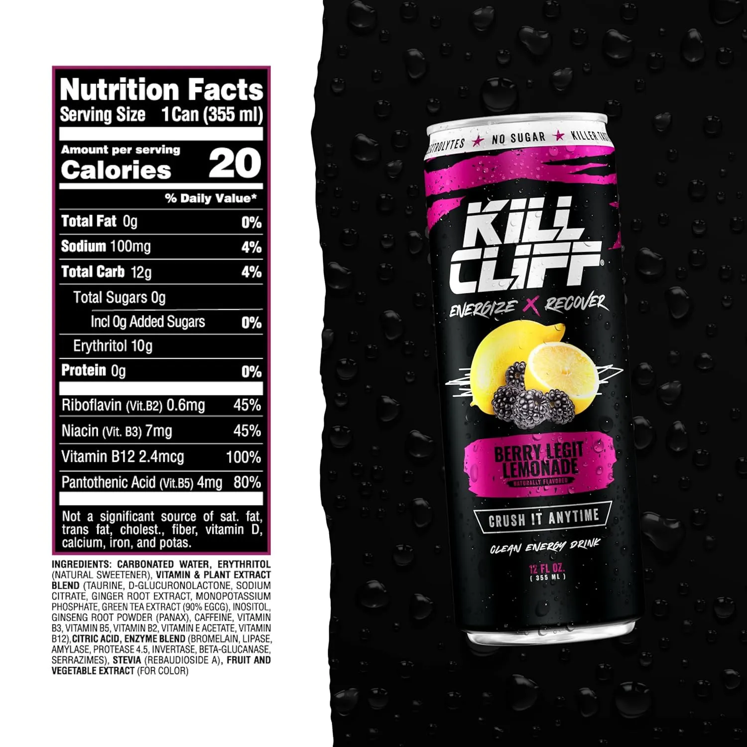 KILL CLIFF Energy & Recovery Drink | Electrolytes & B Vitamins | Natural, Clean Energy Drink | Zero Sugar | Keto | 12 Pack (Berry Legit Lemonade)