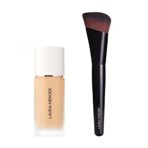 Laura Mercier Real Flawless Weightless Perfecting Waterproof Liquid Foundation: Medium-Buildable Coverage, 12 HR Fade-Proof Wear, Hydrating, Non-Comedogenic, 2W2 Warm Linen   Foundation Brush Bundle