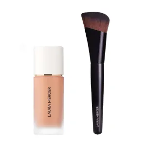 Laura Mercier Real Flawless Weightless Perfecting Waterproof Liquid Foundation: Medium-Buildable Coverage, 12 HR Fade-Proof Wear, Hydrating, Non-Comedogenic, 3N2 Camel   Foundation Brush Bundle